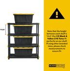 Black & Yellow, 4-Tier Heavy Duty Plastic Storage Shelving Unit, 200lbs/shelf (55H x 48W x 20D), for Indoor/Outdoor Organization, Modular Rack