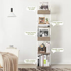 Bikoney Bookshelves 5-Tier, Rotating Bookshelf Tower for Corner, Small Narrow Bookcase, Tall Industrial Bookshelf, Wood and Metal White