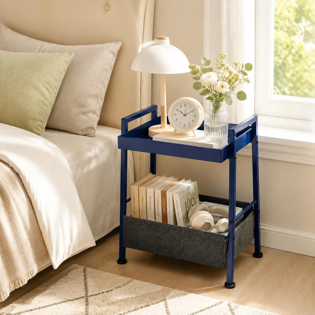 Small End Table with Fabric Storage Basket, 2-Tier Modern Metal Side Table with Tray Top, Unique Side Tables, Cute Coffee Table for Living Room, Bedroom, and Small Spaces, Navy Blue