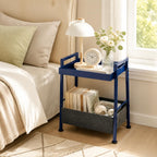 Small End Table with Fabric Storage Basket, 2-Tier Modern Metal Side Table with Tray Top, Unique Side Tables, Cute Coffee Table for Living Room, Bedroom, and Small Spaces, Navy Blue