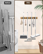 AceMining Broom Holder Wall Mounted, 2 Pack 4 Holders and 4 Hooks Mop Holder, Wooden Mop and Broom Holder with Anti slip rubber, Natural pine wood Brush Holder, Mop Wall Holde with Nail installation