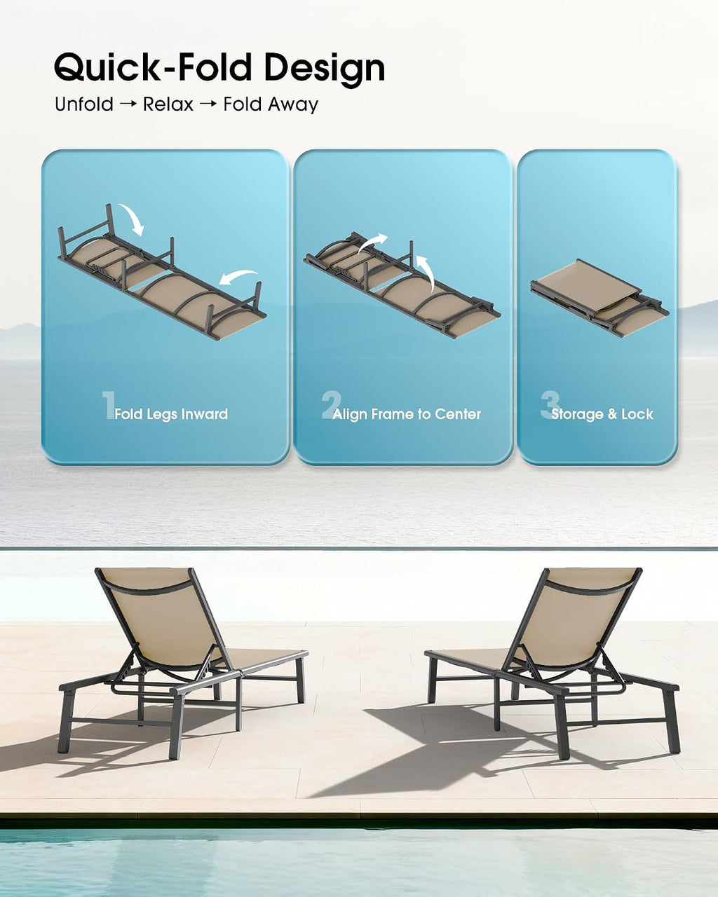 Foldable Outdoor Lounge Chair, No Assembly Patio Chaise Lounge Outdoor with 5-Positions, Aluminum Pool Lounge Chair with Portable Design for Pool, Beach, Deck, Backyard, Khaki
