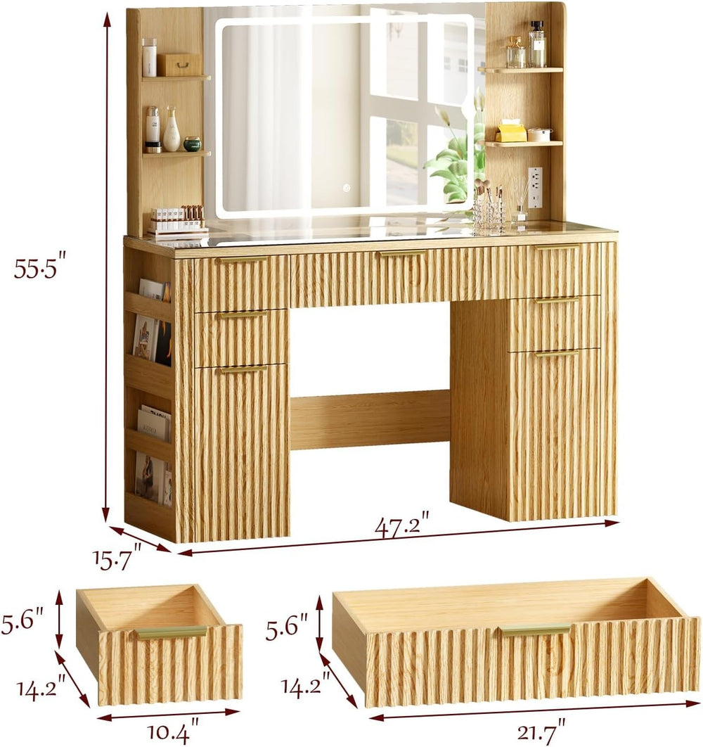 47.2" Fluted Makeup Vanity Desk with Large, 28.7" Mirror and Lights...