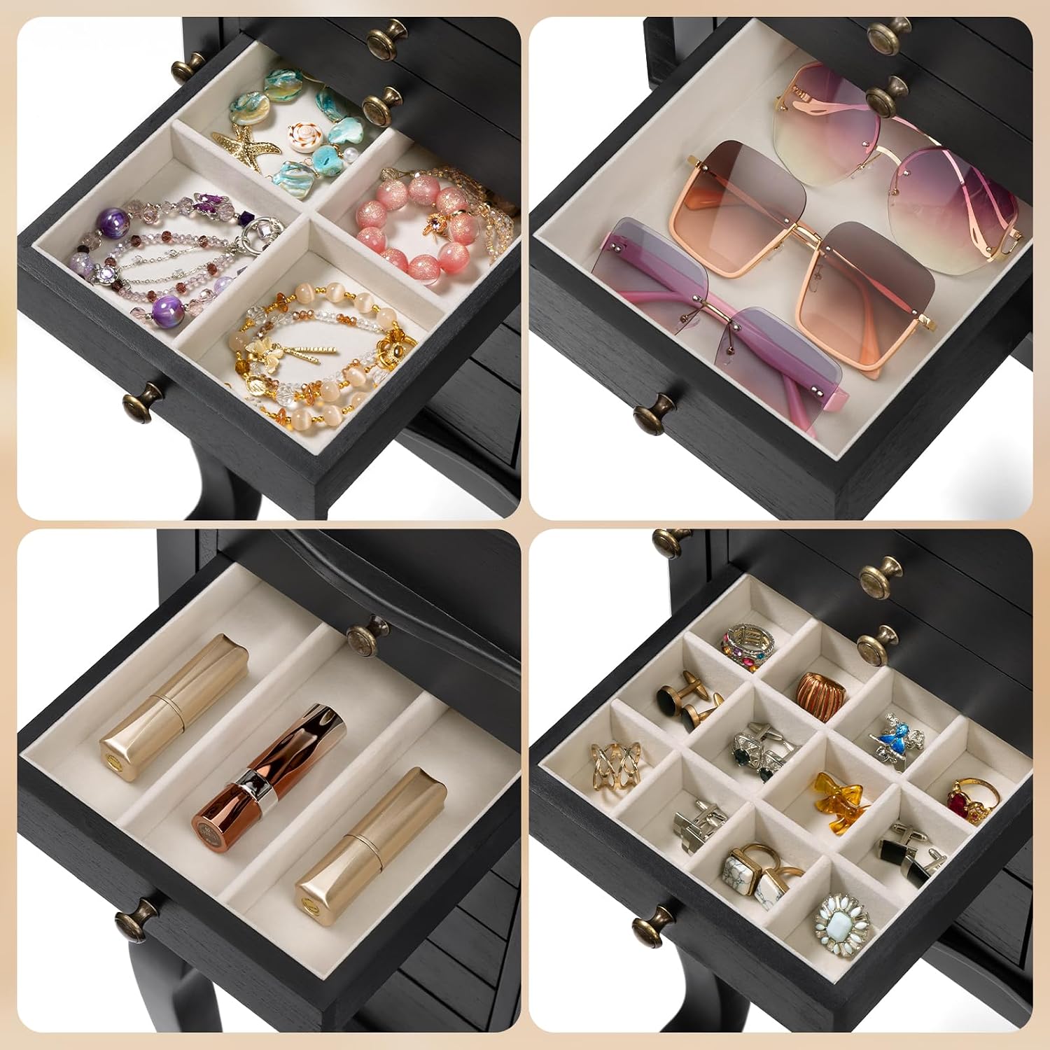 Standing Jewelry Armoire with Top Flip Mirror, 7 Drawers & 2 Side Doors, Large Freestanding Jewelry Organizer Box for Rings Earrings Necklaces Bracelets Watches Glasses (Black)