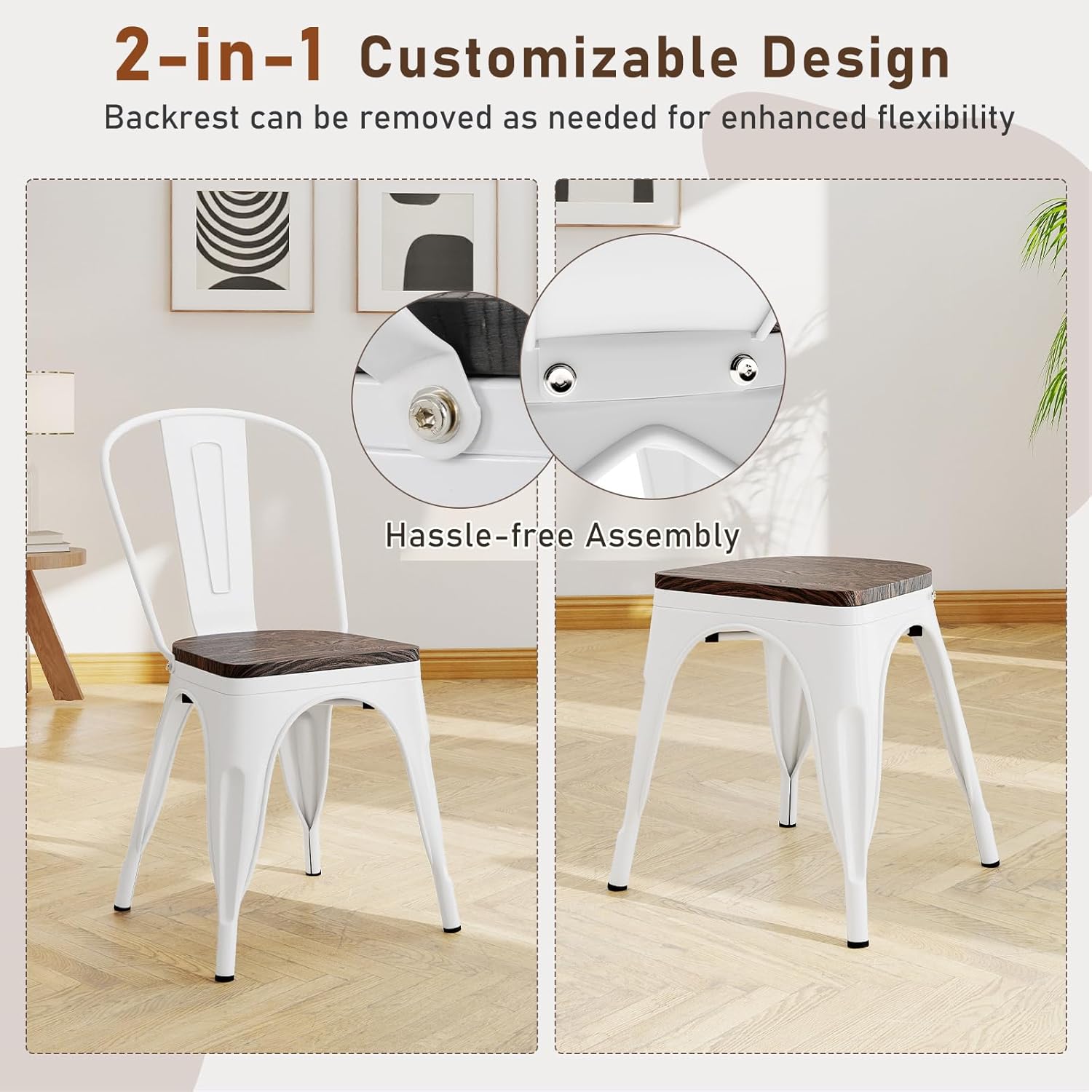 COSTWAY Stackable Metal Dining Chairs Set of 4 with Wood Seat and High Back | White, Industrial Vintage Style, Elm Wood Seat Board, 18 Inch, for Dining Room, Kitchen, Bar, Cafe, Bistro, Restaurant