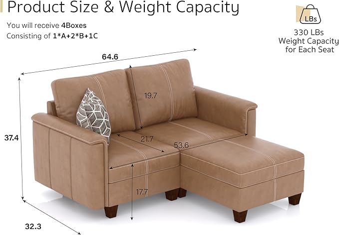 SITJOY 65" Faux Leather Modular Sectional Sofa with Storage, Mid Century Modern Sectional Couches for Living Room, Soft Padded Armrests, 2 Seater L-Shaped Loveseat with Ottoman, Brown