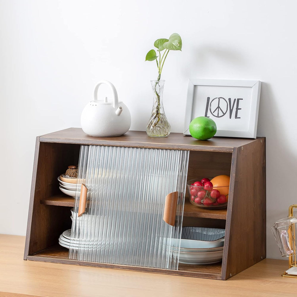 HollyHOME Countertop Pantry Cabinet, Bamboo Sideboard with Glass Doors