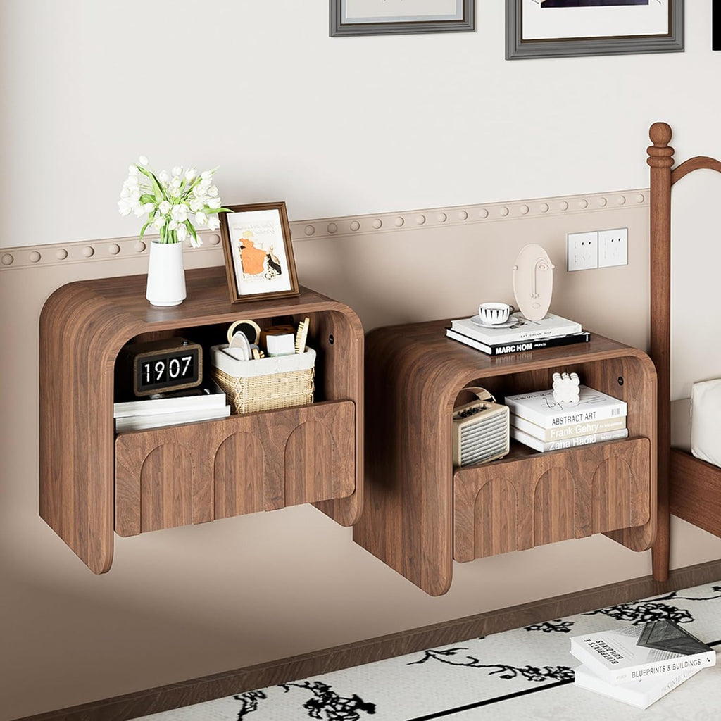 Floating Nightstand Set of 2, Small Night Stand with Drawer and Open Storage Shelf, Modern Wall Mounted Bedside Table, Farmhouse Wooden Nightstands for Bedroom, Living Room