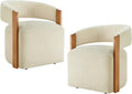Upholstered Dining Chairs with Casters, Modern Barrel Side Armchair with Rollers & Wooden Armrest for Dining Room, Bedroom, Kitchen, Reading Room, Sand, Set of 2