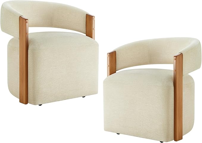 Upholstered Dining Chairs with Casters, Modern Barrel Side Armchair with Rollers & Wooden Armrest for Dining Room, Bedroom, Kitchen, Reading Room, Sand, Set of 2