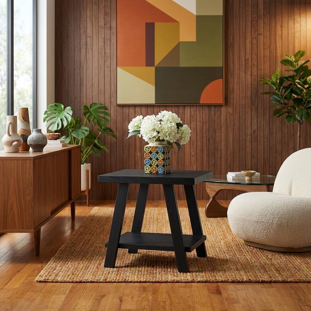 Furnifact Black, End Side Table, MDF Construction, Open Shelf, Durable Home D...