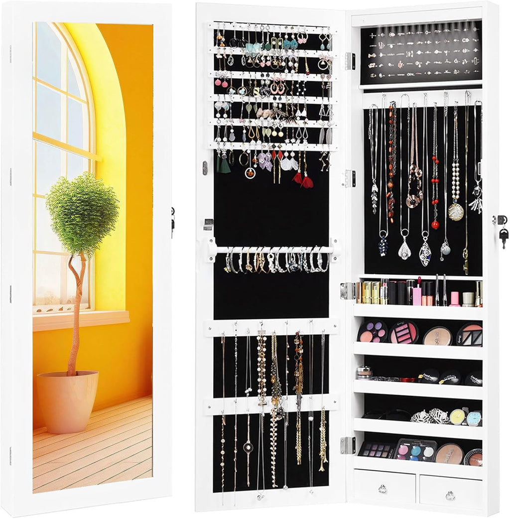 Giantex 15 LEDs Jewelry Armoire, Wall Mounted or Door Hanging, Lockable Jewelry Cabinet with Full Length Mirror, Large Storage Jewelry Organizer Box Armoire for Girls Women (14.5"W x 3.5"D x 47.5"H)