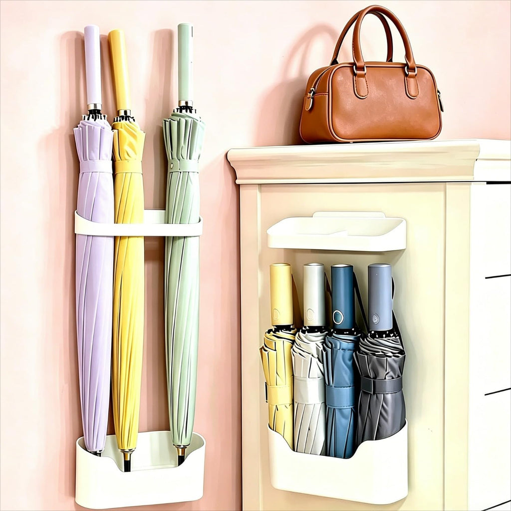 White Umbrella Racks, 1 Set Compact Space-Saving Storage for Long Stick & Foldable Umbrellas, No-Drill Wall Mount Water Draining Organizer, Height Adjustable Holder, Indoor Home Entryway & Office Use