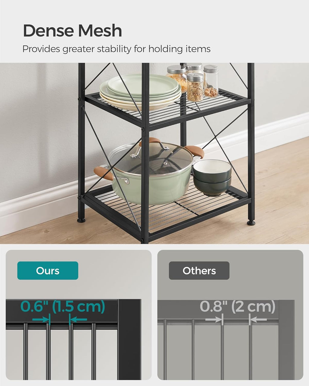 SONGMICS 5-Tier Metal Storage Rack, Shelving Unit with X Side Frames, Dense Mesh, 12.6 x 15.7 x 57.3 Inches, for Entryway, Kitchen, Living Room, Bathroom, Industrial Style, Ink Black UBSC145B01