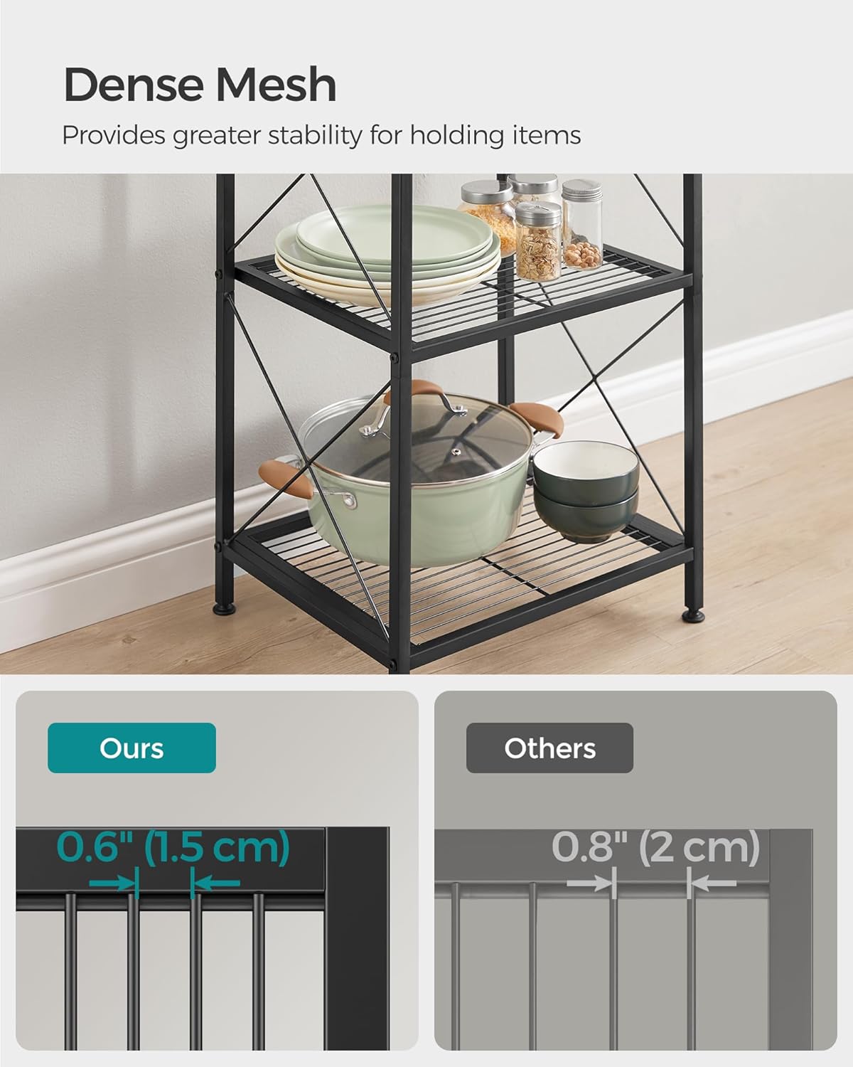 SONGMICS 5-Tier Metal Storage Rack, Shelving Unit with X Side Frames, Dense Mesh, 12.6 x 15.7 x 57.3 Inches, for Entryway, Kitchen, Living Room, Bathroom, Industrial Style, Ink Black UBSC145B01