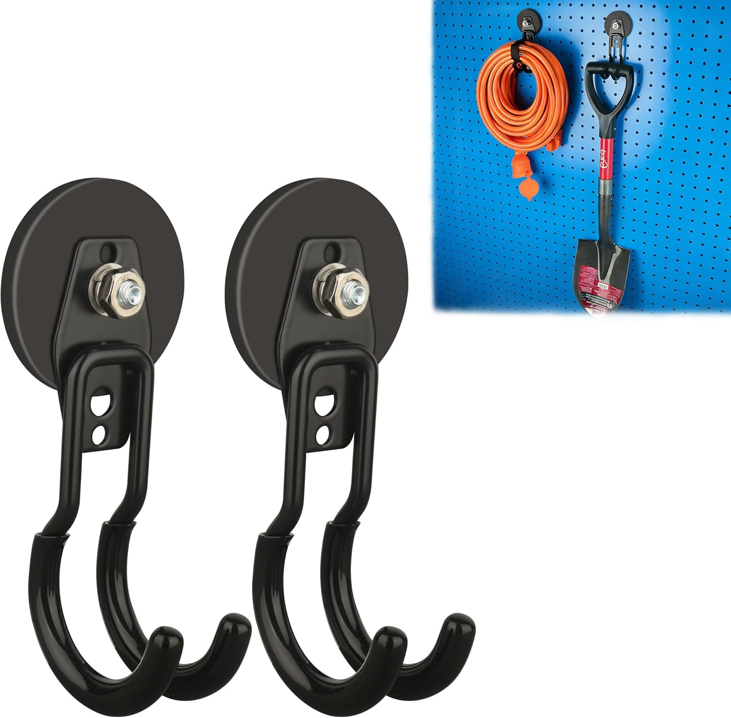 ULIBERMAGNET New Upgraded Garage Magnetic Hooks, 2 Pack Black Heavy Duty Large J Hooks with Magnet, Black Strong Anti-Slip Coating Magnet Hooks for Garden Tools, Ropes,Drill,Metal Cabinet,Pegboard