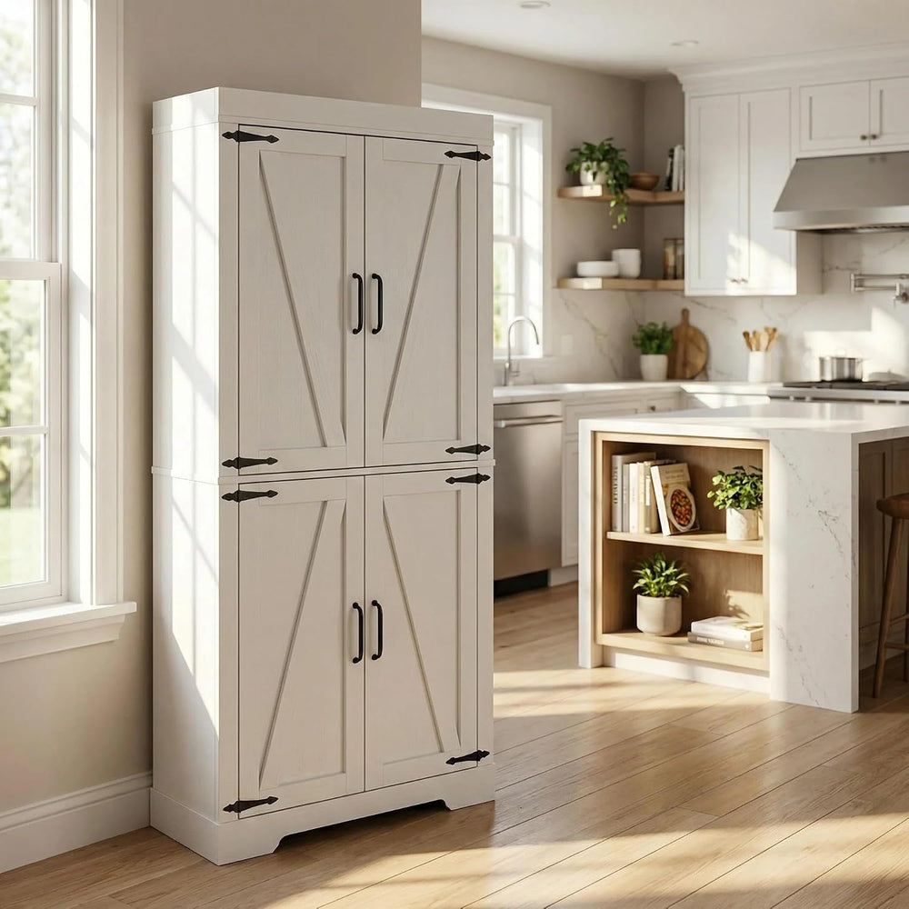 Homy Casa Farmhouse Kitchen Pantry Storage Cabinet, White Barn Door, 4-Door a...