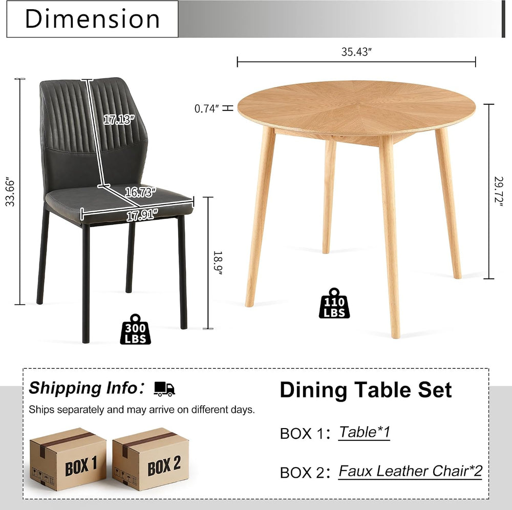 35" Round Dining Table Set for 2 with PU Leather Chairs, Space Saving Ki...