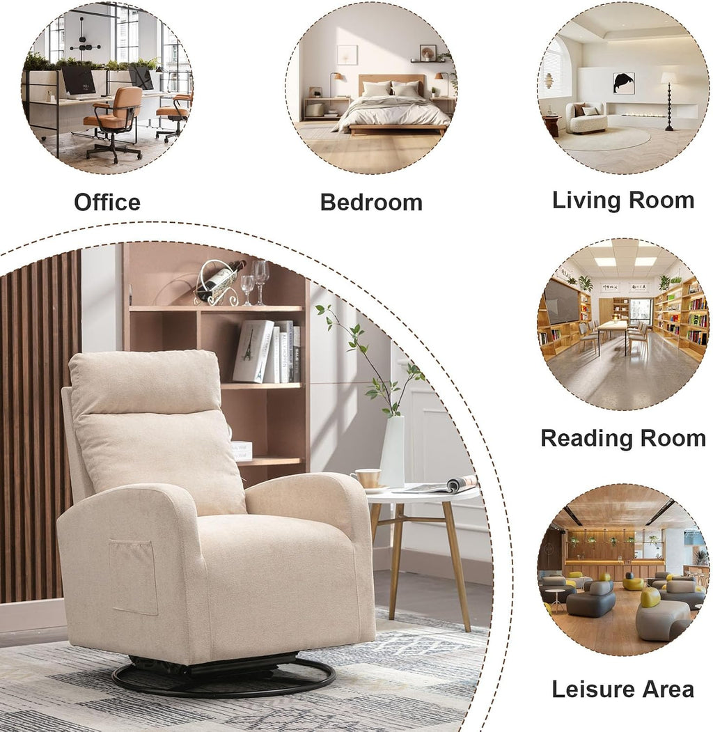 LUCKHAO Swivel Rocking Chair，Nursery Swivel Glide Armchair Linden Fabric Upholstered Modern Rocking Chairs with High Backrest for Nursery, Bedroom, Living Room（Beige