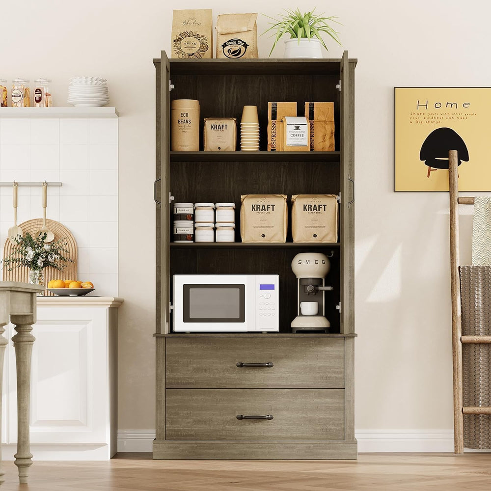 IDEALHOUSE Kitchen Pantry Cabinet, Freestanding Tall Hutch with Barn Doors, D...