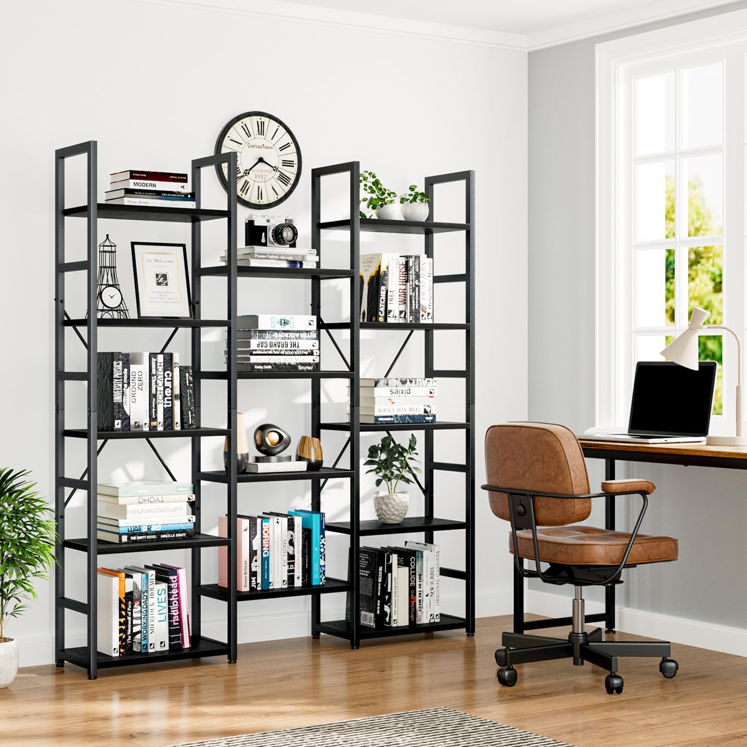 NUMENN Triple Column 5 Tier Bookshelf, Bookcase with 14 Open Display Shelves, Adjustable Rustic Industrial Style Book Shelves, Modern Bookshelves for Bedroom, Living Room and Home Office, Black