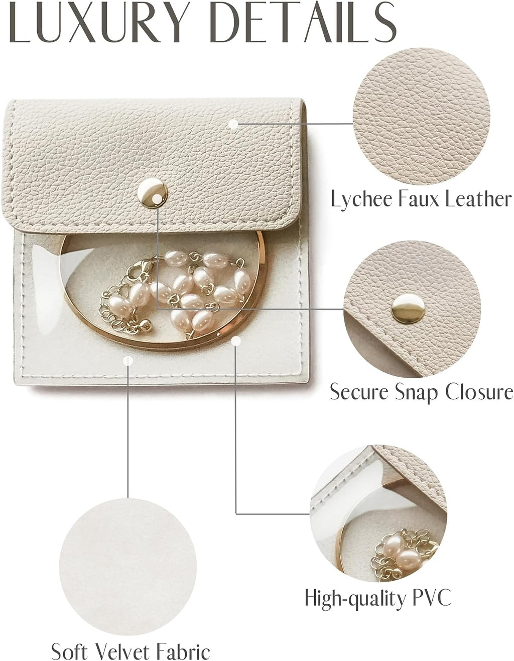 6 Pcs Jewelry Bags Clear Mini Pouch Small Jewelry Pouches for Traveling Leather Portable Travel Jewelry Organizer and Storage Bag for Earrings, Necklace, Beige