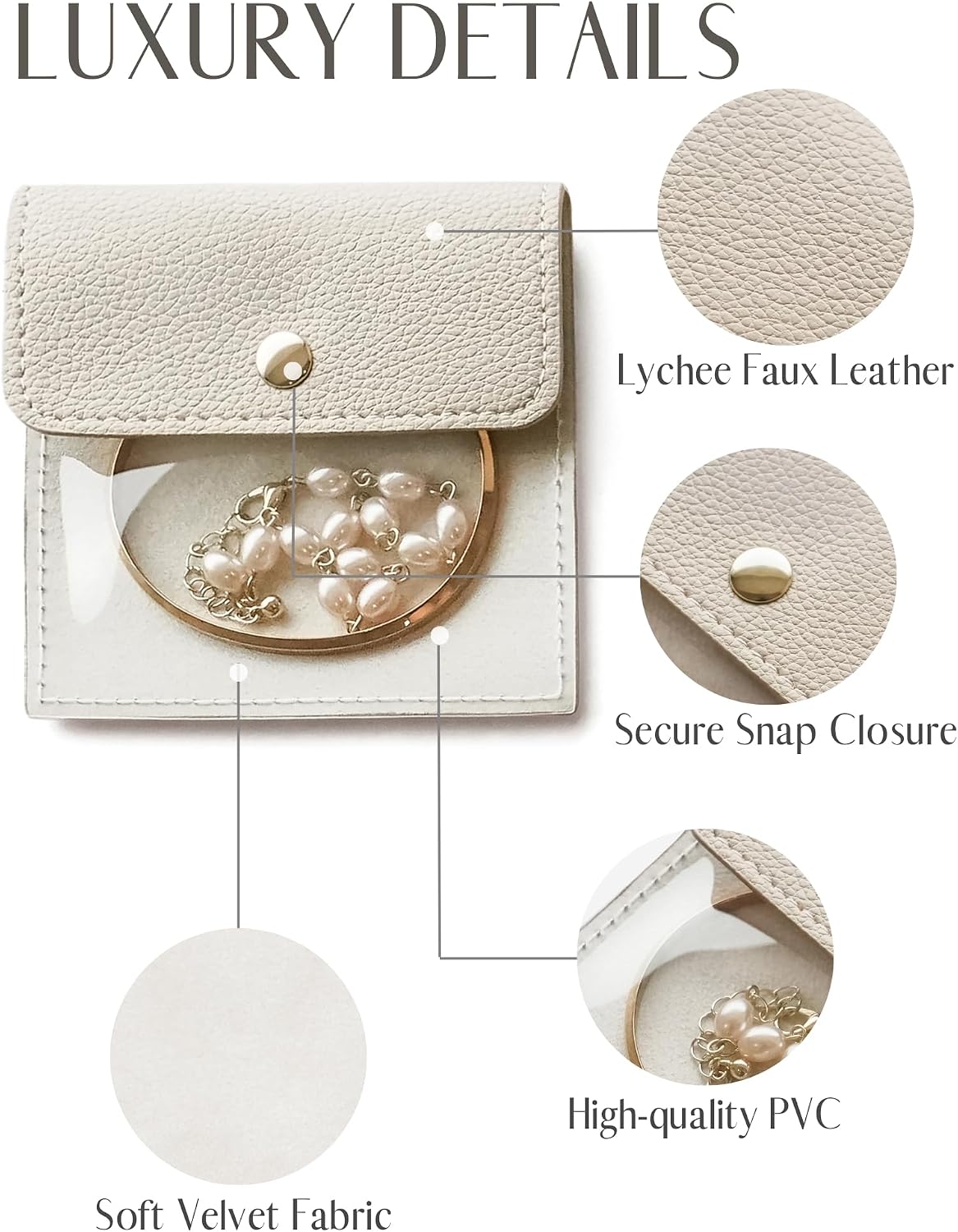6 Pcs Jewelry Bags Clear Mini Pouch Small Jewelry Pouches for Traveling Leather Portable Travel Jewelry Organizer and Storage Bag for Earrings, Necklace, Beige