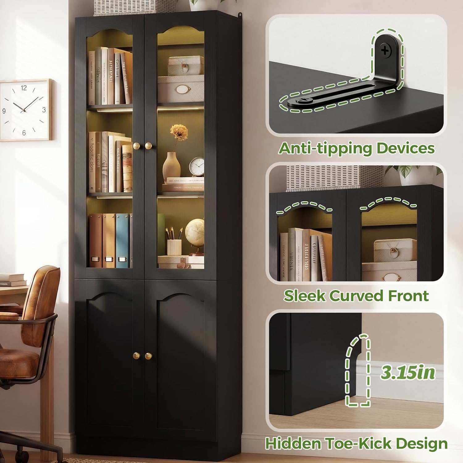 Cyclysio 80" Tall Pantry Cabinet with Arched Glass Doors and Lower Storage Cabinet, Black Kitchen Pantry Storage Cabinet with Interior Motion Sensor Light, Adjustable Shelf, Baseboard Cutout