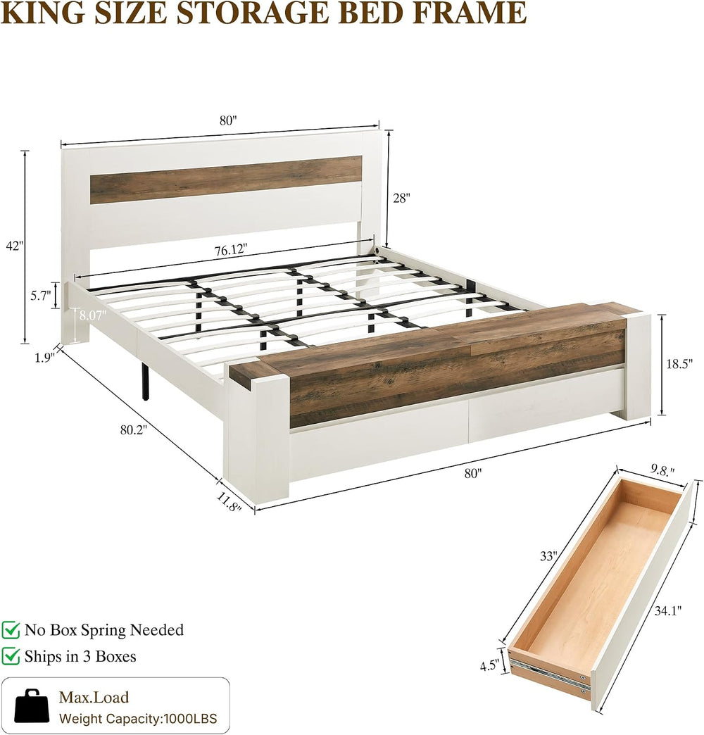 OKD King Bed Frame with Headboard and Footboard Storage Bench,Antique White