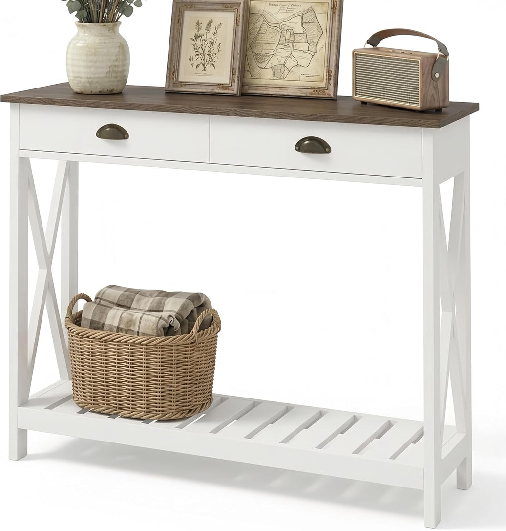 ChooChoo Farmhouse Console Table with Drawer for Entryway, Narrow Long Entry Table with Shelf for Living Room, Rustic Vintage Hallway Sofa Table with Stable X Supports, 40 White