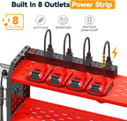 Warome Garage Tool Organizer Wall Mount with Charging Station, Power Tool Organizer with Large 8-Outlet Power Strip, Tool Storage Rack with 8 Cordless Drill Holders, Battery Utility Rack in Red