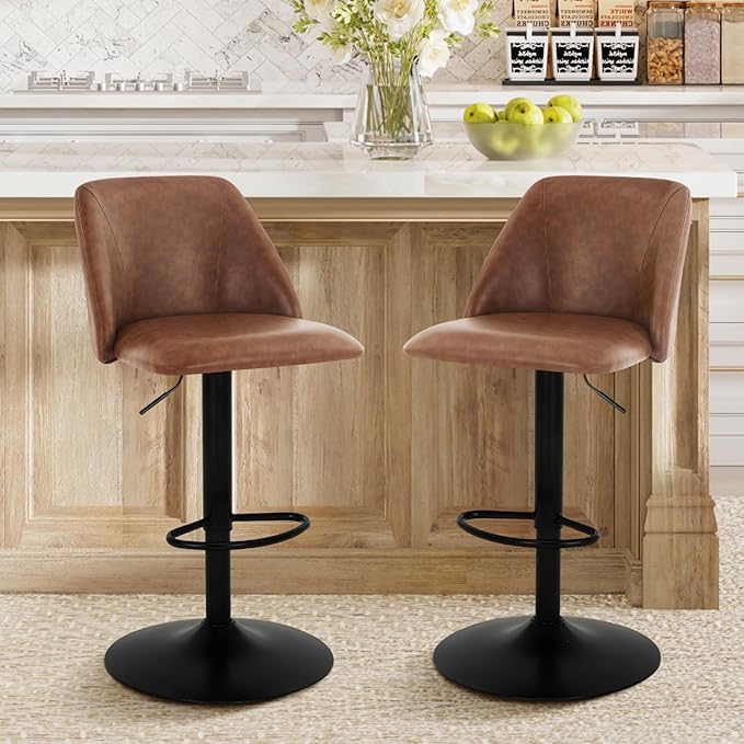COLAMY Bar Stools Set of 2, Modern Swivel Bar Chairs, Adjustable PU Leather U...