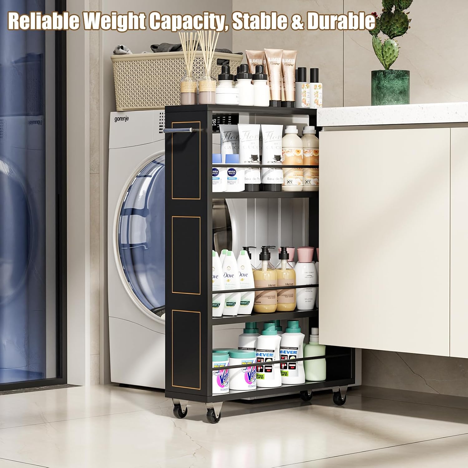 KLM 4 Tier Black Slim Storage Cart with Handle, Slide Out Storage Rolling Utility Cart for Kitchen, Laundry, Narrow Places-6.7" W