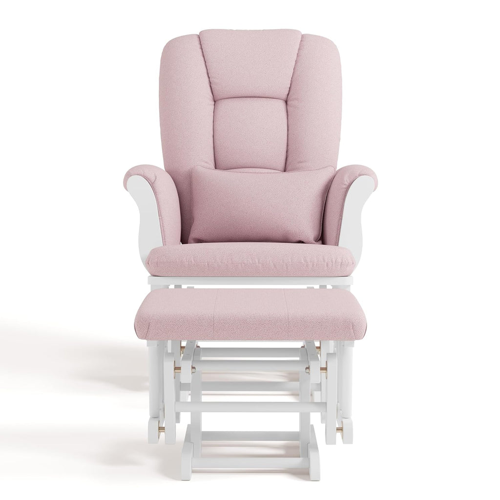 Storkcraft Tuscany Custom Glider and Ottoman with Free Lumbar Pillow (White/Pink Blush Swirl) - Cleanable Upholstered Comfort Rocking Nursery Chair with Ottoman