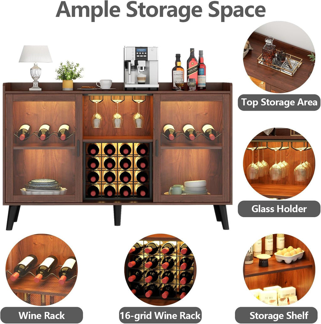 Wine Bar Cabinet with Led Light, Home Coffee Cabinet with Wine & Glass Rack | Kitchen Buffet Sideboard with Storage Shelves, Freestanding Liquor Cabinet for Living Room, Dining Room (Walnut)
