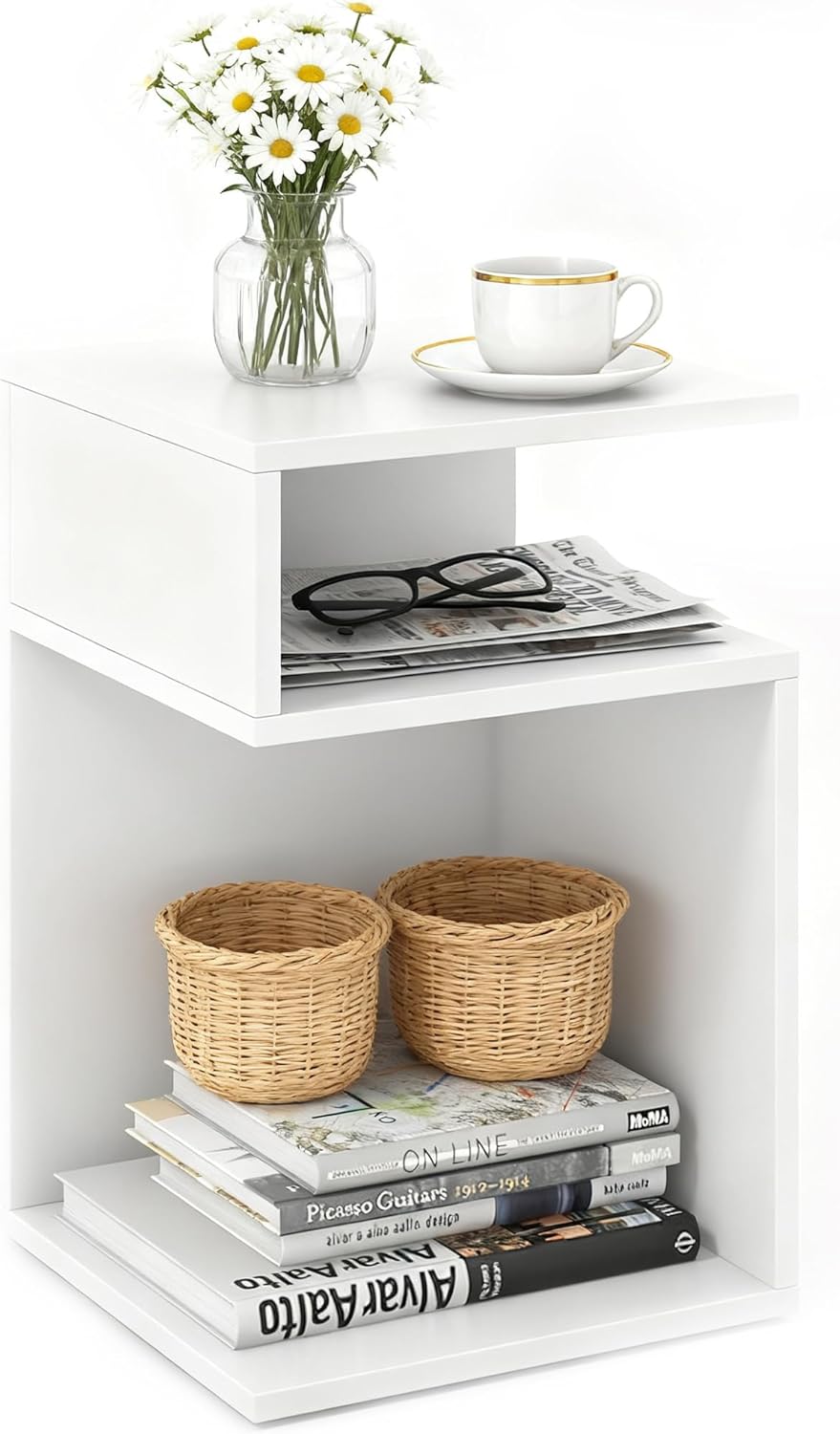 LDAILY S-Shaped Side Table, 3-Tier Narrow Bedside Table with 2 Open Storage S...