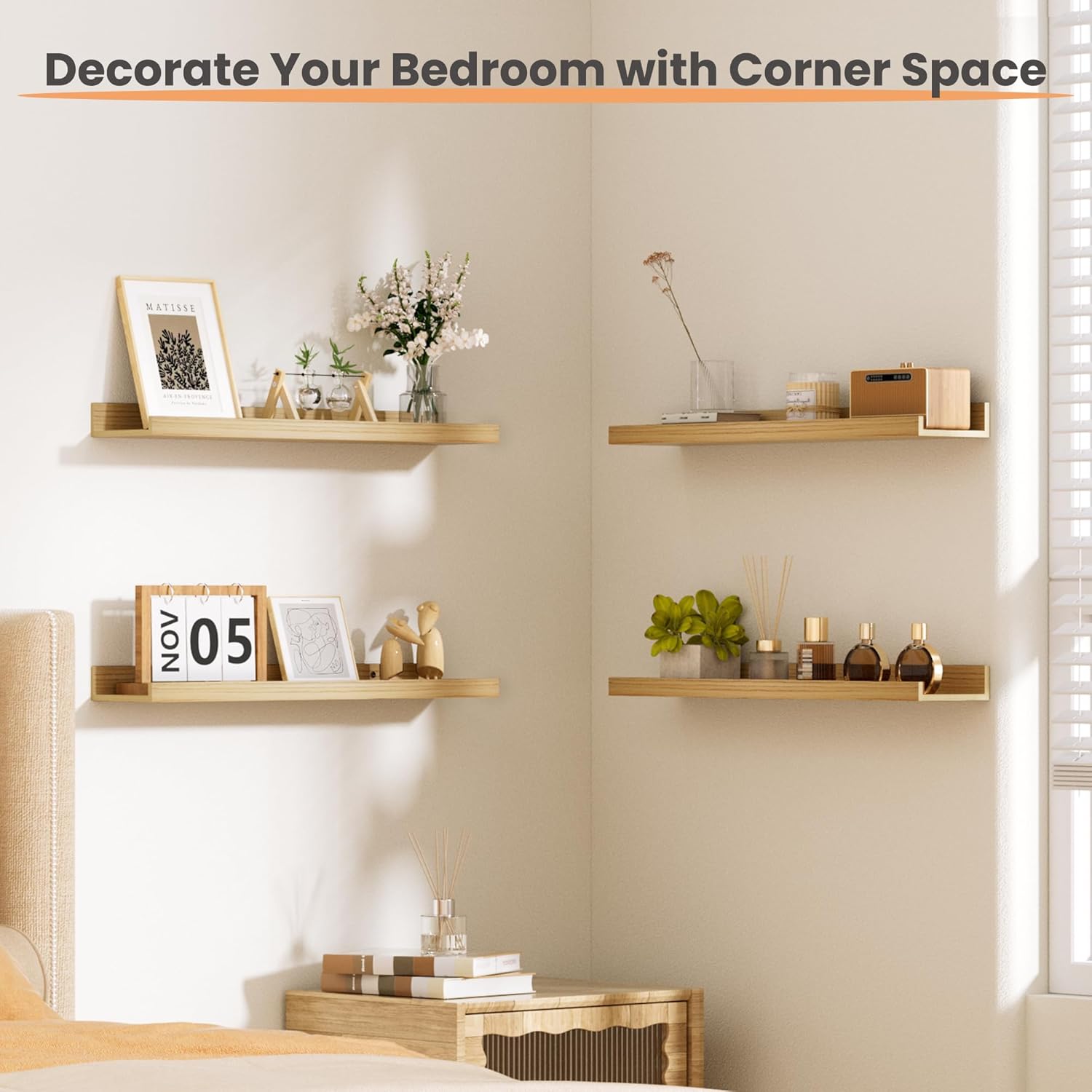 upsimples Floating Shelves for Wall, 23.6 Inch Shelves for Decor Storage Set of 6, Wall Mounted Wood Shelf for Bedroom, Living Room, Bathroom, Kitchen, Long Picture Ledge Shelves, Natural