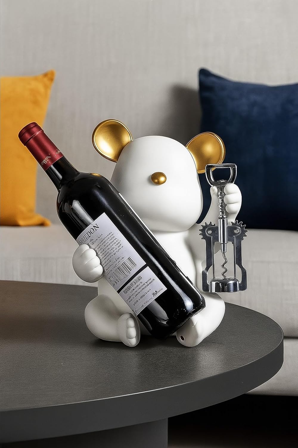Bear Wine Bottle Holder, White with Gold Accents, Decorative Tabletop Wine Ra...