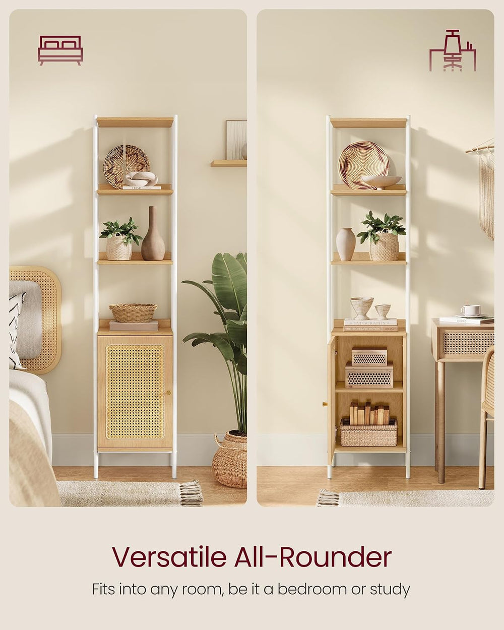 VASAGLE 6-Tier Bookcase with Rattan-Like Door, 15.8-Inch Wide, Metal Frame