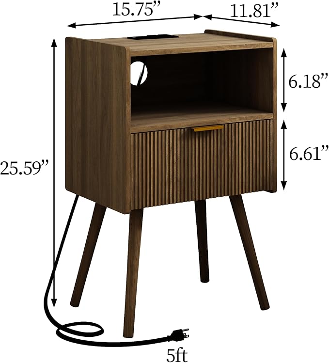 Nightstand with Outlet,Modern Bedside Table with Storage Drawer and Open Wood...