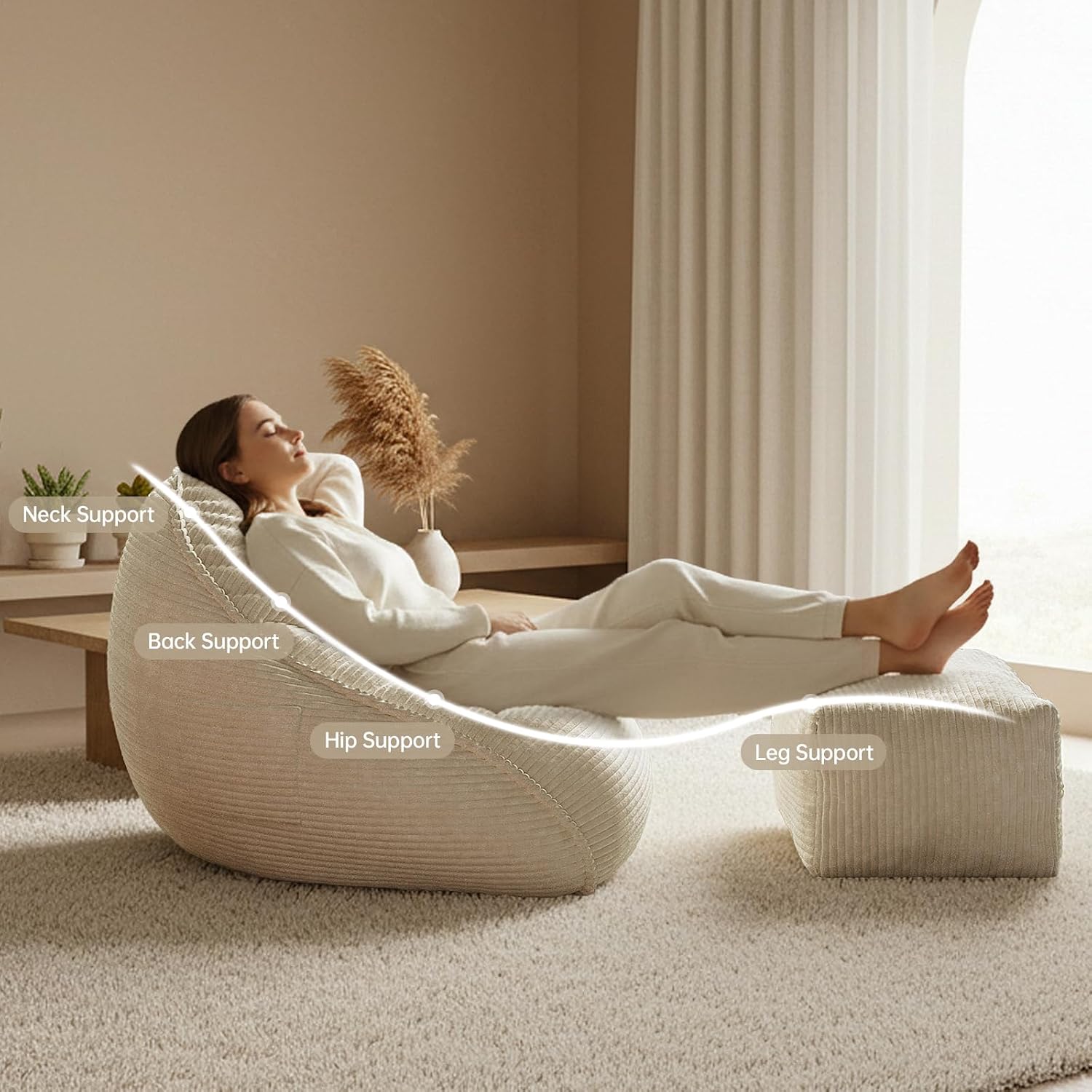 Bean Bag Chair with Ottoman, Bean Bag Sofa,Accent Chairs,Corduroy Fabric, Comfortable Reading Chairs for Living Room, Bedroom, Reading Nook,Modern Lounge Reclining Chair with Footrest (WHITE, Medium)