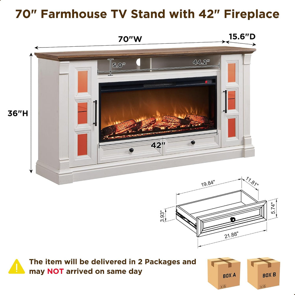 OKD 70" Farmhouse TV Stand with 42" Electric Fireplace, Antique Whi...