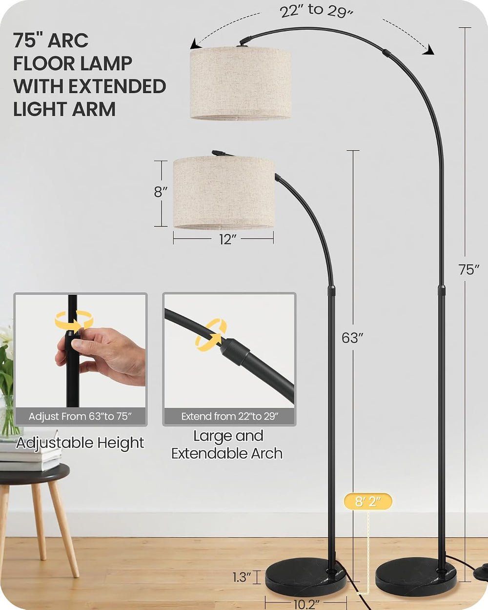 75" Tall Dimmable Arc Floor Lamp with Marble Base, Adjustable Height, Beige