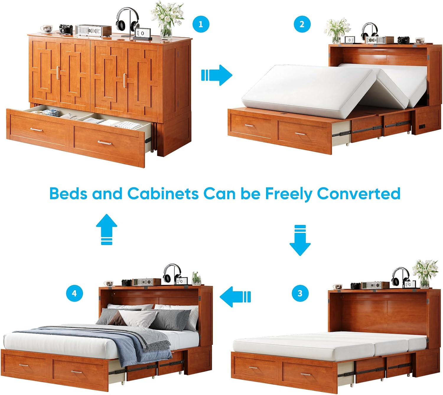 Mjkone 64" Width Murphy Cabinet Bed Queen Size with Foldable Mattress Included, Guest Murphy Beds with Drawers, Cube Cabinet Chest Wall Beds with USB Charging Station for Bedroom, Home Office, Cherry