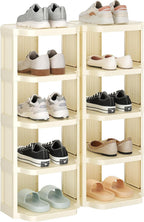 Kitstorack 10 Tiers Stackable Shoe Rack for Closet and Front Door Entrance - Free Standing Plastic Stand, Narrow Tall Vertical Organizer for Small Spaces Storage, White