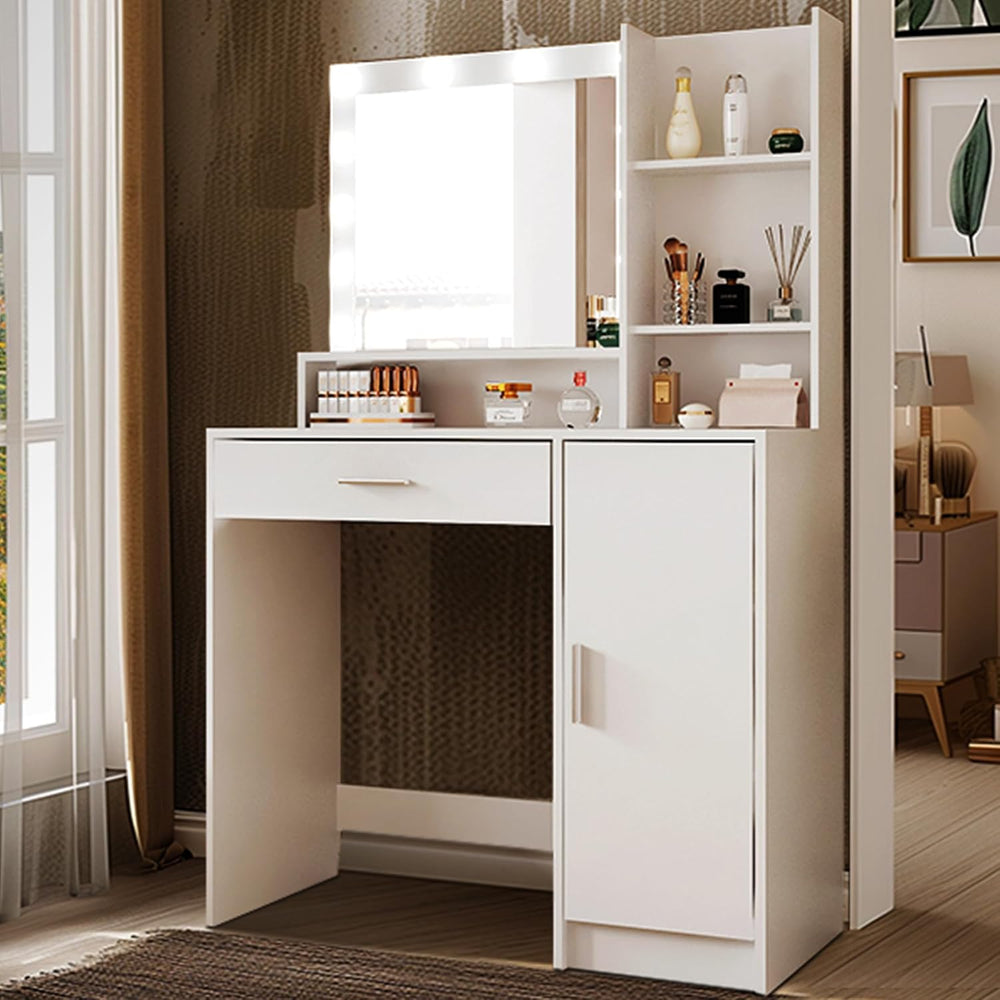 Palimder Vanity Desk with Mirror & Light, Large Drawer Three Level Storag...