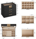 SONGMICS Jewelry Box Organizer with Glass Lid, 4-Layer Jewelry Storage, with 3 Drawers, Modern Style, Christmas Gift, 6 x 9.9 x 8.5 Inches, Graphite Black and Gold Color UJBC161B02