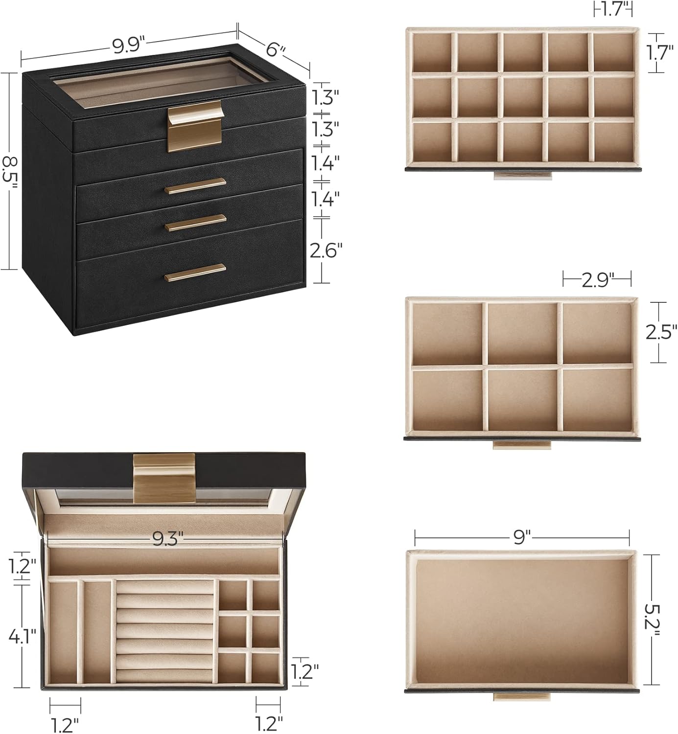 SONGMICS Jewelry Box Organizer with Glass Lid, 4-Layer Jewelry Storage, with 3 Drawers, Modern Style, Christmas Gift, 6 x 9.9 x 8.5 Inches, Graphite Black and Gold Color UJBC161B02