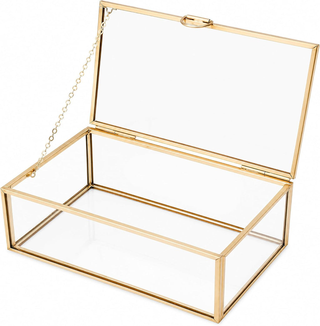 Glass Jewelry Box with Lid, Gold Metal Frame Trinket Box, Clear Display Case for Rings Earrings Necklace Bracelet, Small Jewelry Organizer for Vanity Bathroom Dresser Countertop Storage Box