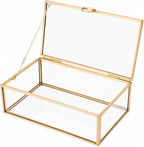Glass Jewelry Box with Lid, Gold Metal Frame Trinket Box, Clear Display Case for Rings Earrings Necklace Bracelet, Small Jewelry Organizer for Vanity Bathroom Dresser Countertop Storage Box